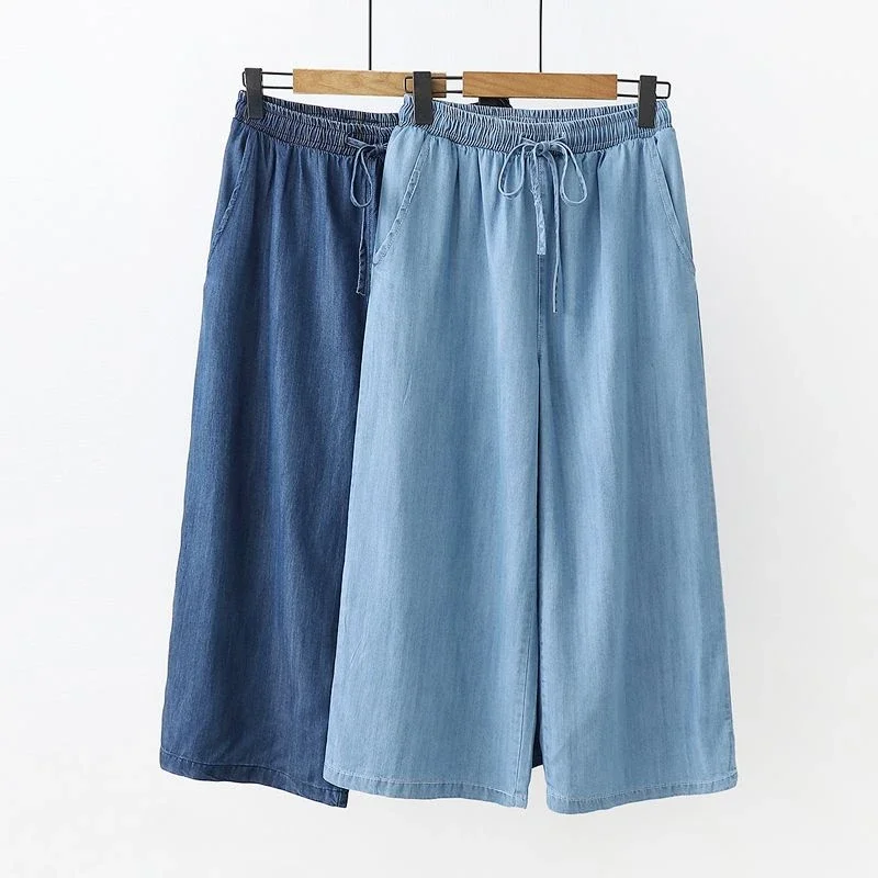 Mom Jeans Women - Модные хлопковые синие джинсы-капри с эластичным