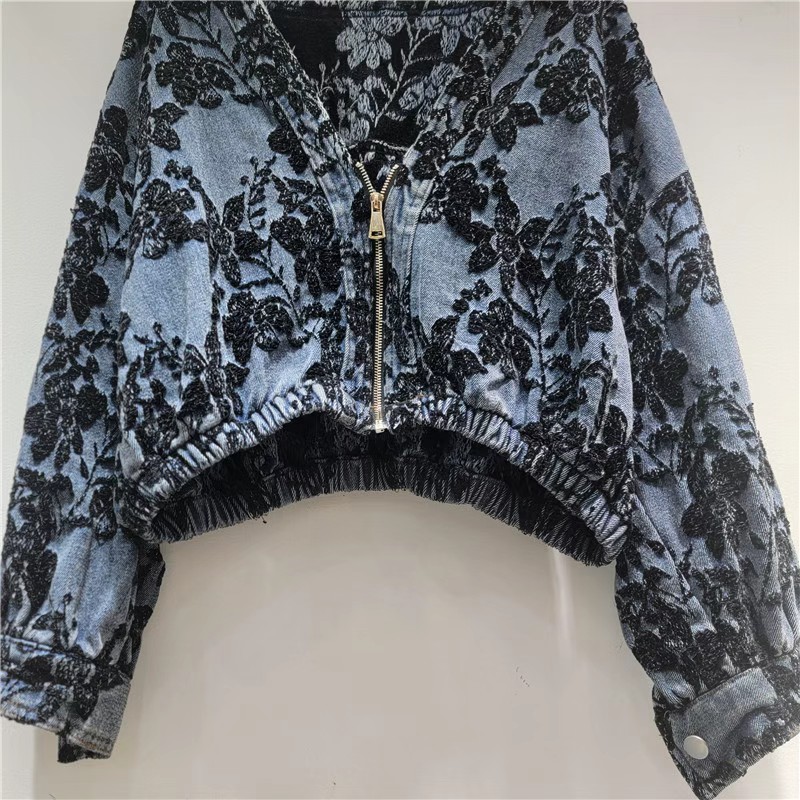 Women'S Fashion Denim Jacket - Модная жаккардовая короткая джинсовая куртка женская