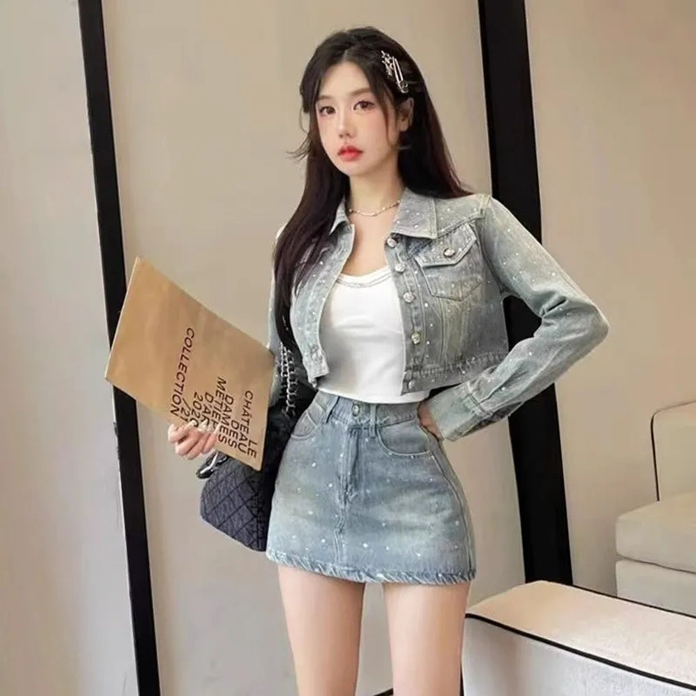 Women'S Fashion Denim Jacket - Женский джинсовый костюм с отложным воротником,