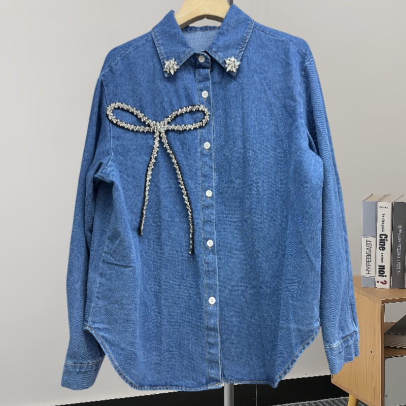Women'S Fashion Denim Jacket - Модная джинсовая рубашка с бантом из